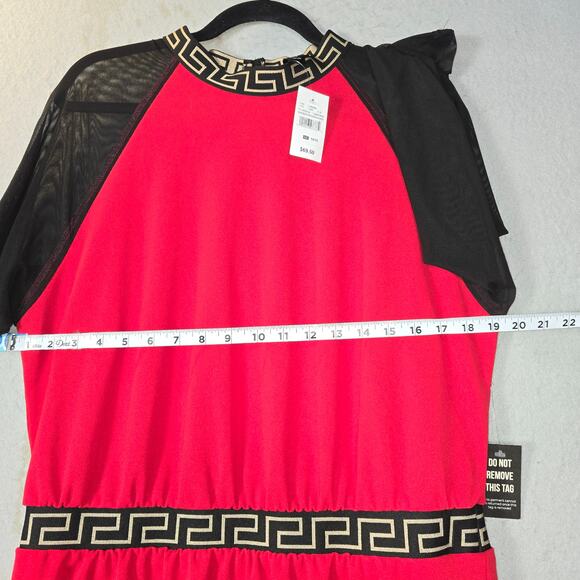 Ashley Stewart Womens 14/16 Red Midi Dress Black Mesh Sleeves Greek Key Trim NWT - Picture 9 of 12